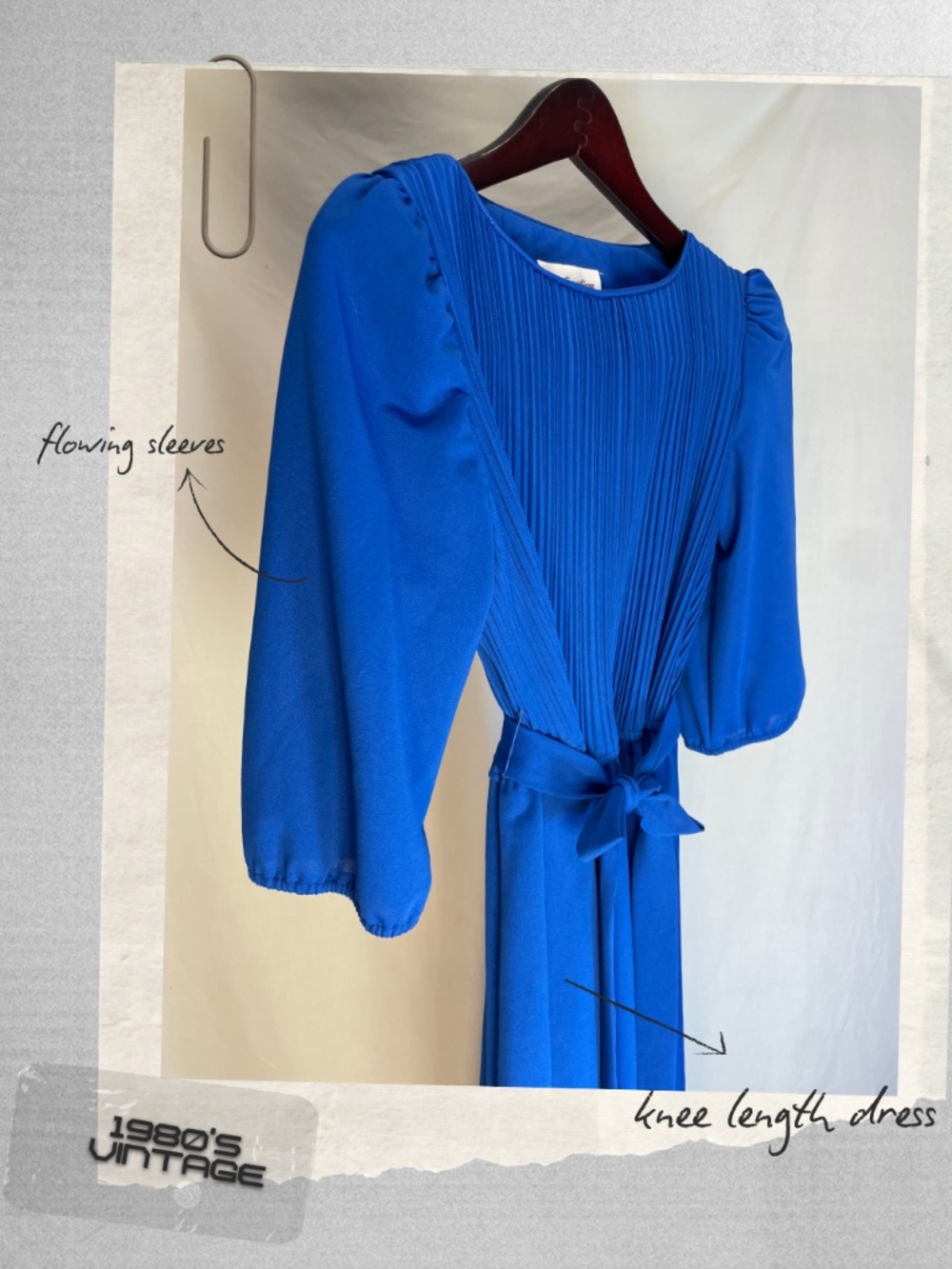 Vintage Cobalt Blue Pleated Midi Dress | Puff Sleeve Tie Waist Retro Secretary